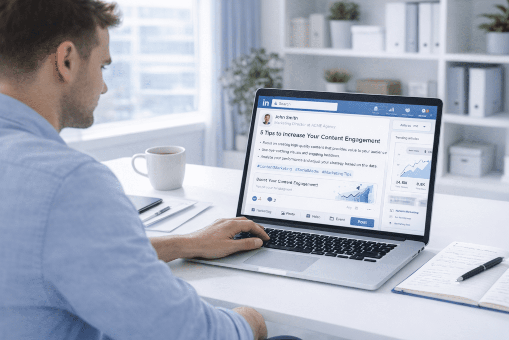 User creating LinkedIn post on laptop using AI tools for LinkedIn posts to improve engagement