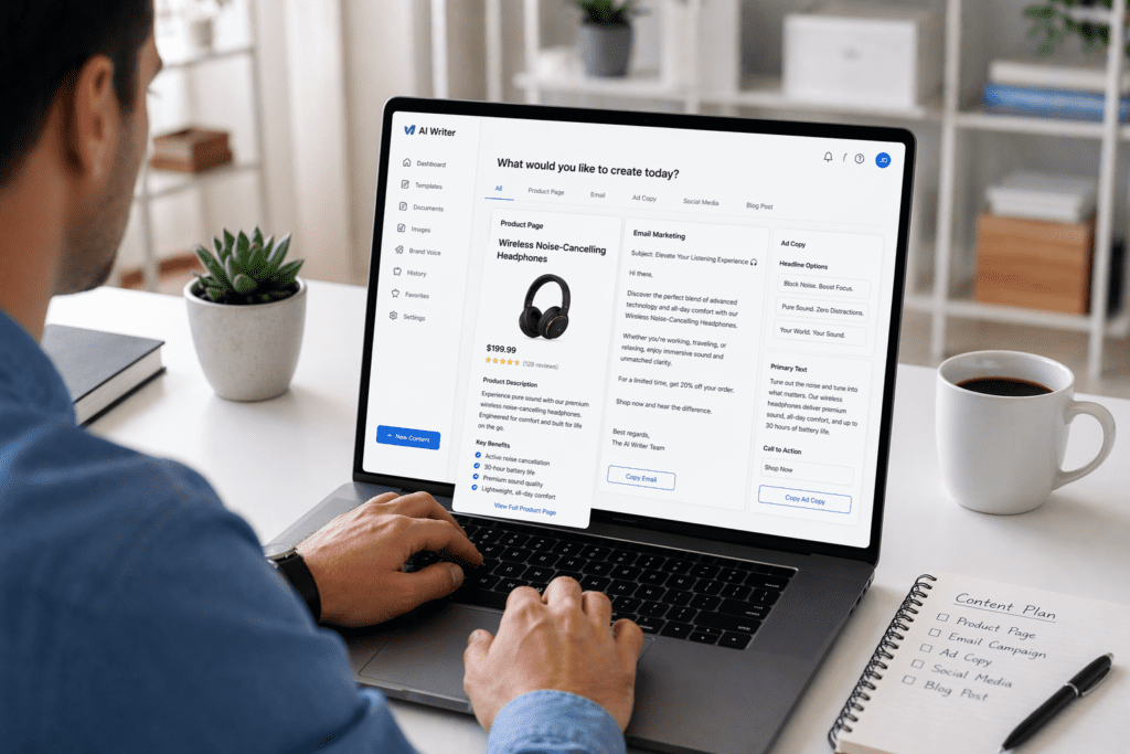 Marketer using AI tools for ecommerce content writing to create product descriptions and marketing copy on a laptop
