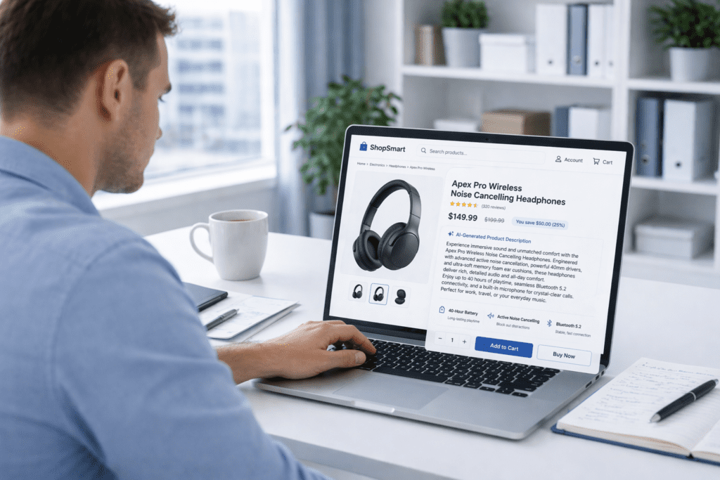 User creating ecommerce listing using AI tools for product descriptions on a laptop