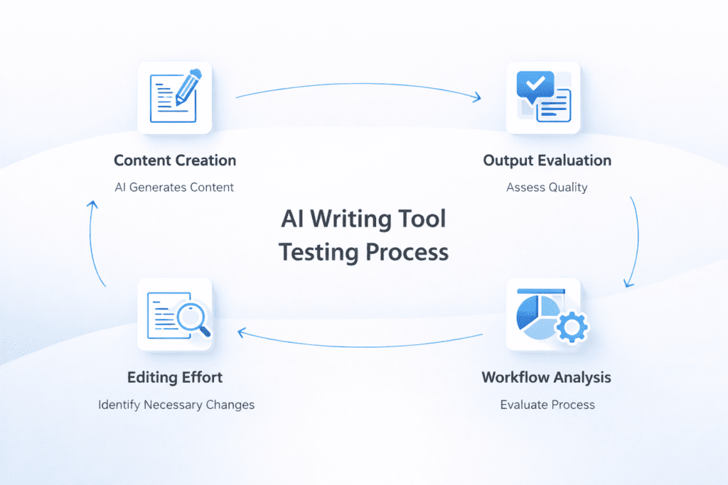AI writing tool testing process for ChatGPT vs Jasper AI including content creation evaluation editing and workflow analysis