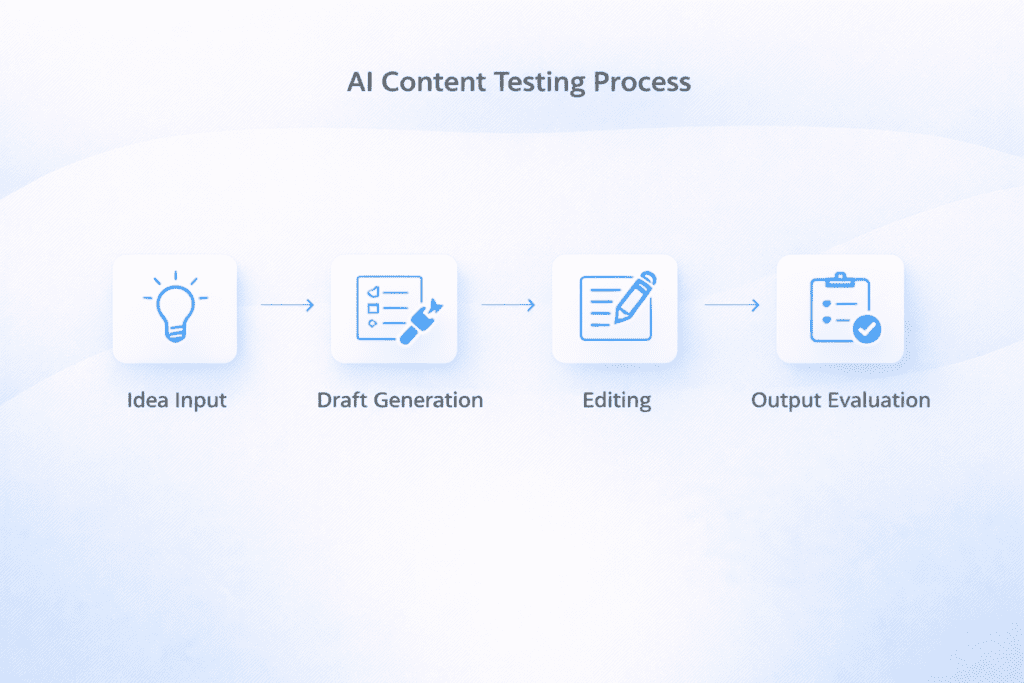 AI content testing process for Copy.ai vs Rytr including idea input draft generation editing and evaluation