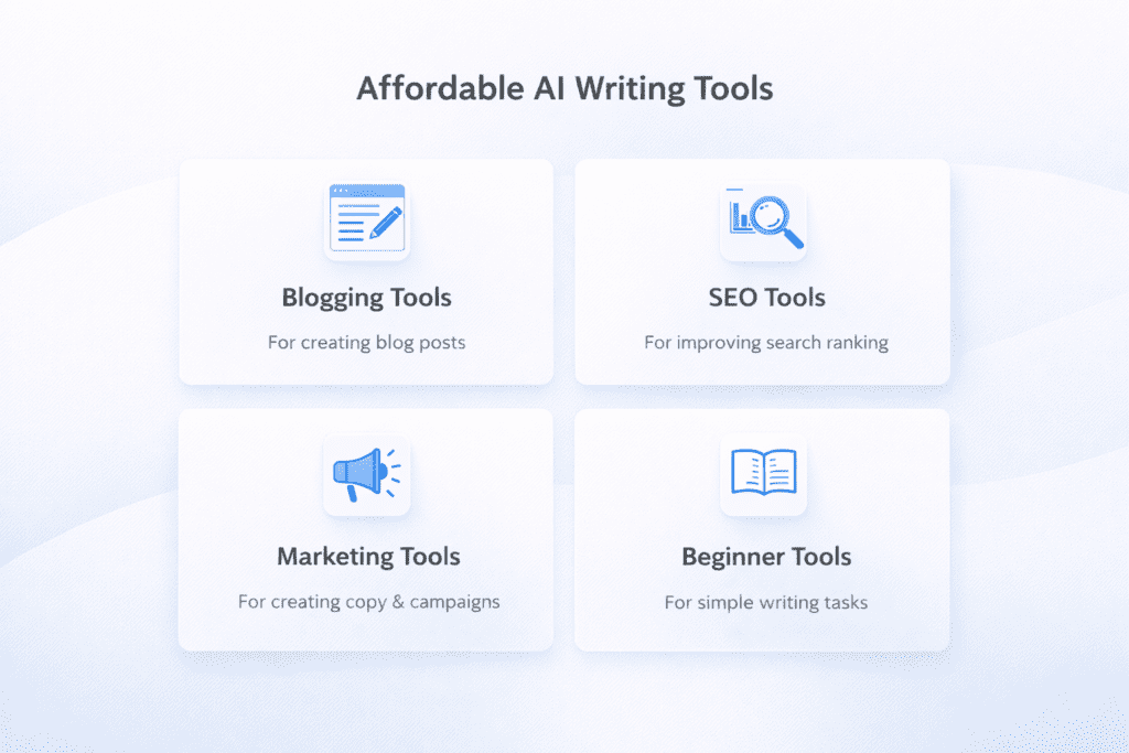 Categories of affordable AI writing tools including blogging SEO marketing and beginner tools