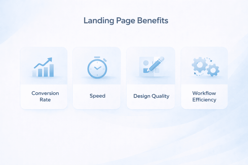 Benefits of AI landing page generators including conversion rate speed design quality and workflow efficiency
