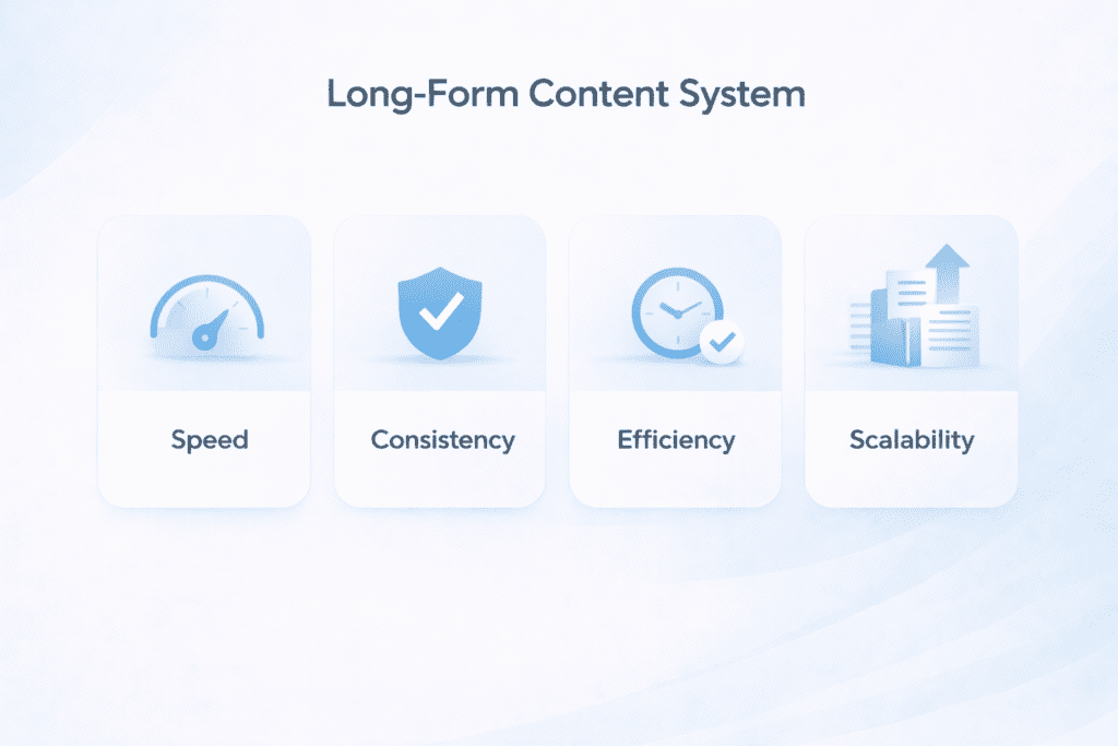 Long form content system showing speed consistency efficiency and scalability using AI tools for long form content writing