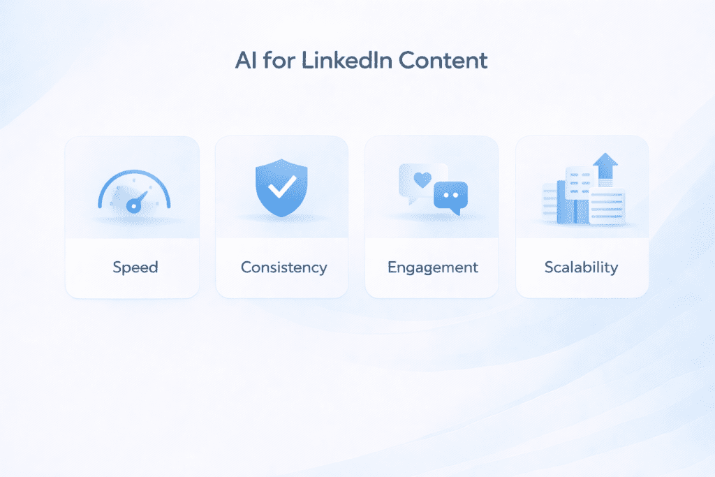 Benefits of AI tools for LinkedIn posts including speed consistency engagement and scalability