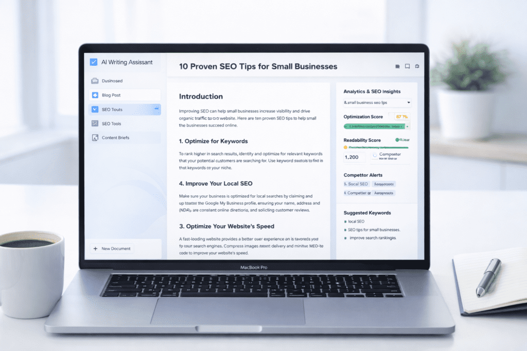 AI writing assistant generating SEO optimized article using affordable AI writing tools on laptop