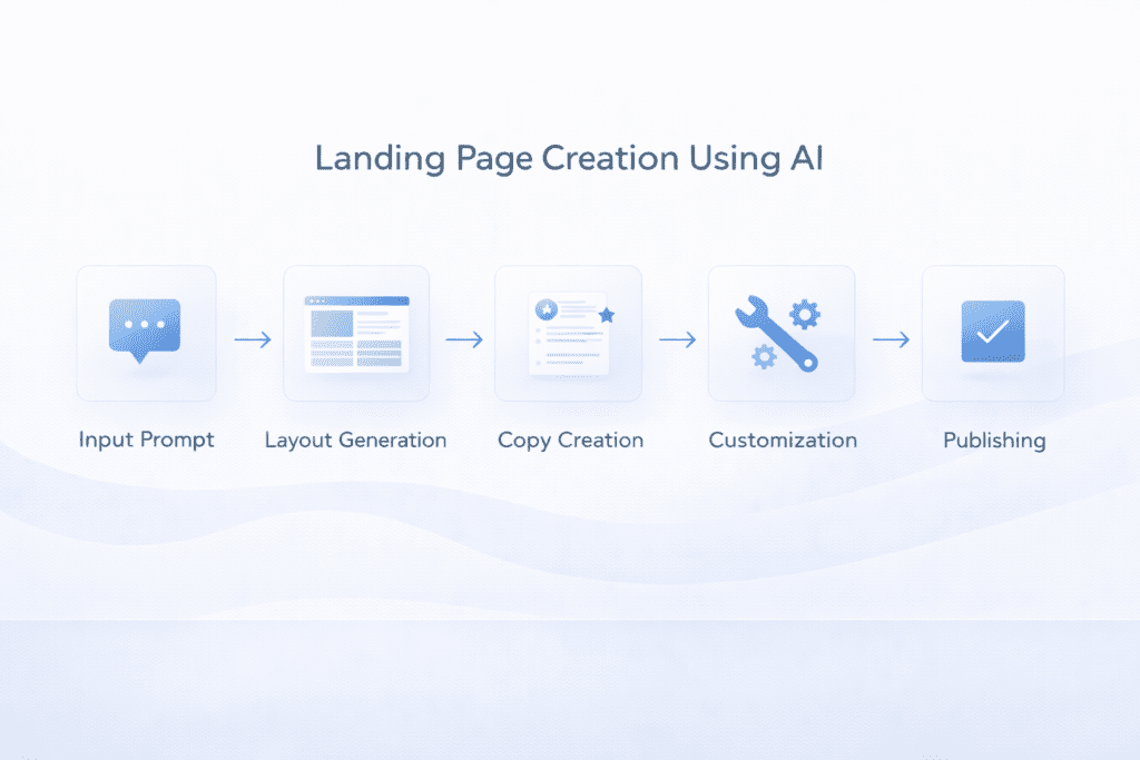 Landing page creation workflow using AI landing page generators from input prompt to publishing