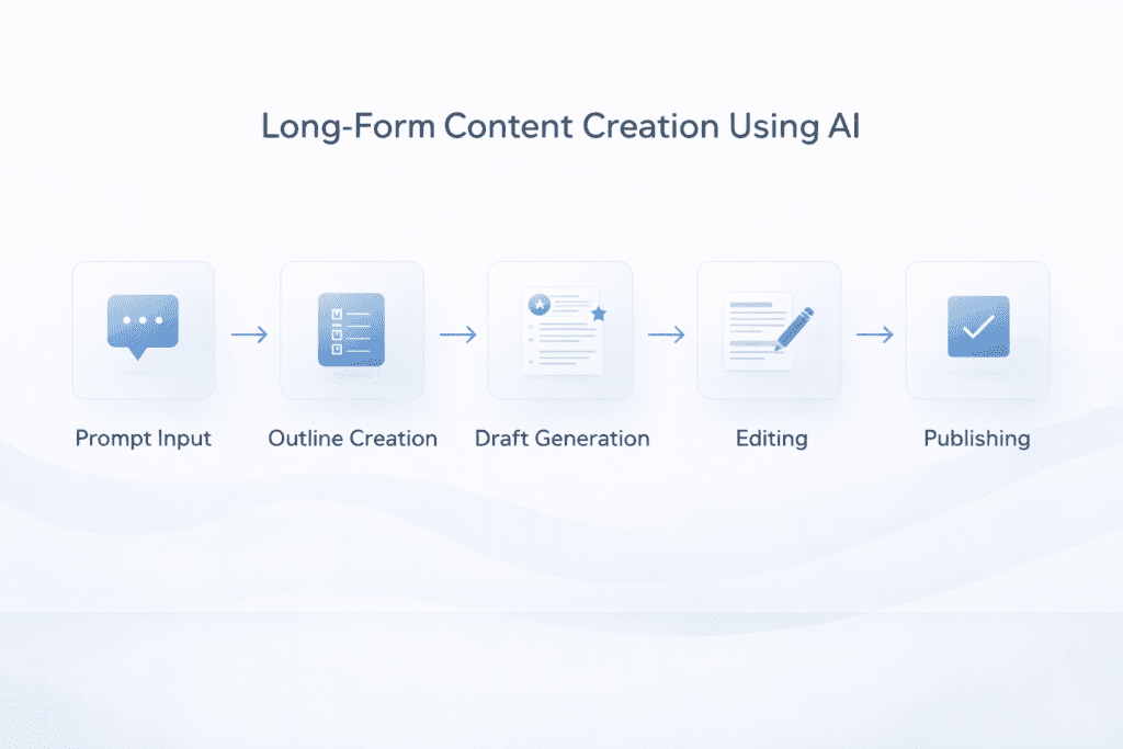 Long form content creation workflow using AI tools for long form content writing from prompt to publishing
