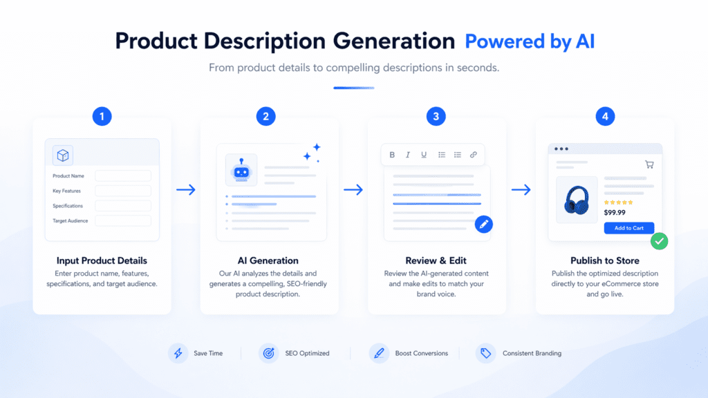 Workflow of AI tools for product descriptions from input details to publishing optimized product content