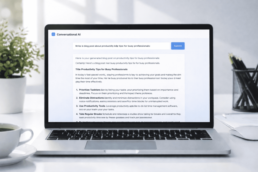Conversational AI writing tool generating content from prompt using affordable AI writing tools