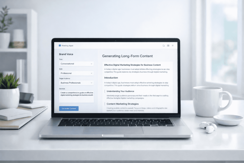 AI writing tool generating long form content for agencies with brand voice settings and content strategy