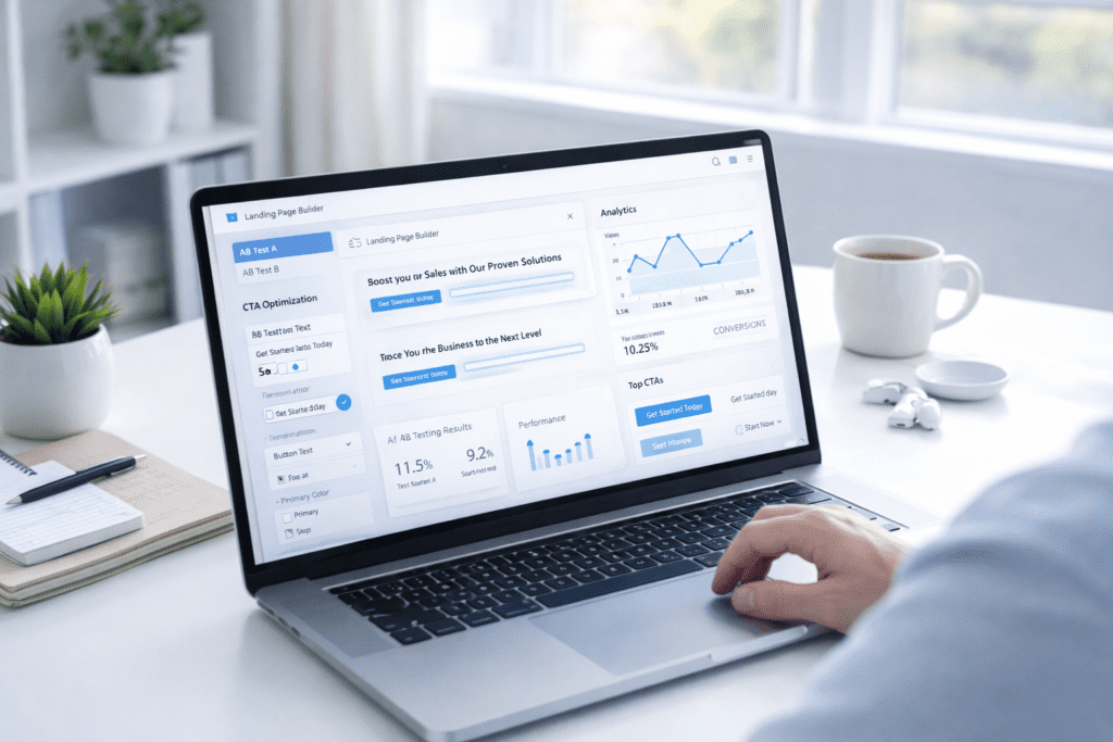 AI landing page builder with analytics dashboard showing performance and A B testing results