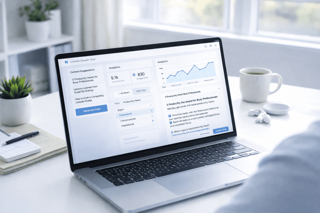 AI powered LinkedIn content dashboard showing analytics and post performance metrics