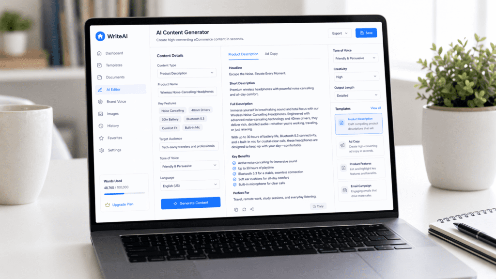 AI ecommerce content generator dashboard creating optimized product descriptions using AI tools for ecommerce content writing
