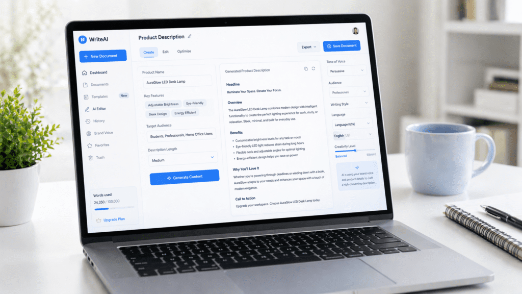 AI product description generator dashboard showing content creation using AI tools for product descriptions