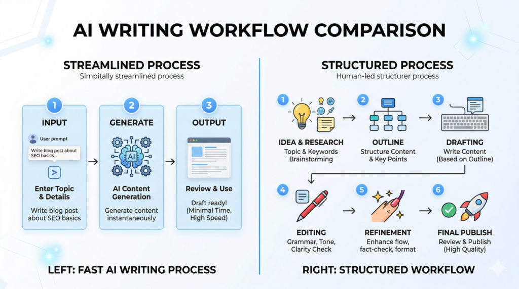 AI writing workflow comparison showing fast process vs structured process in Copy.ai vs Rytr