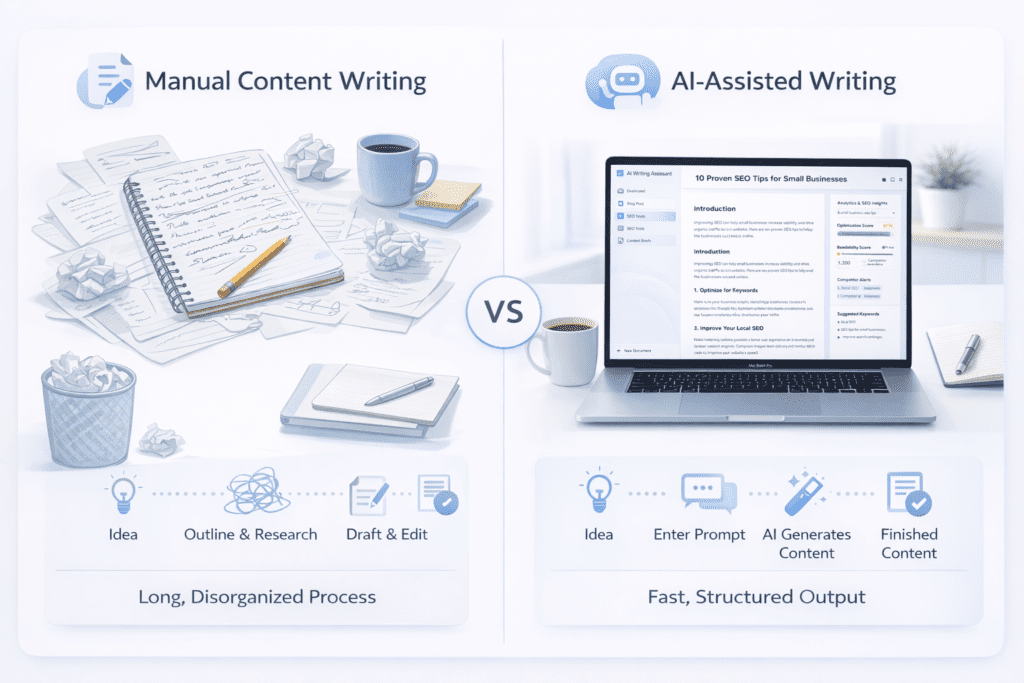 Manual vs AI writing comparison showing benefits of affordable AI writing tools for faster content creation
