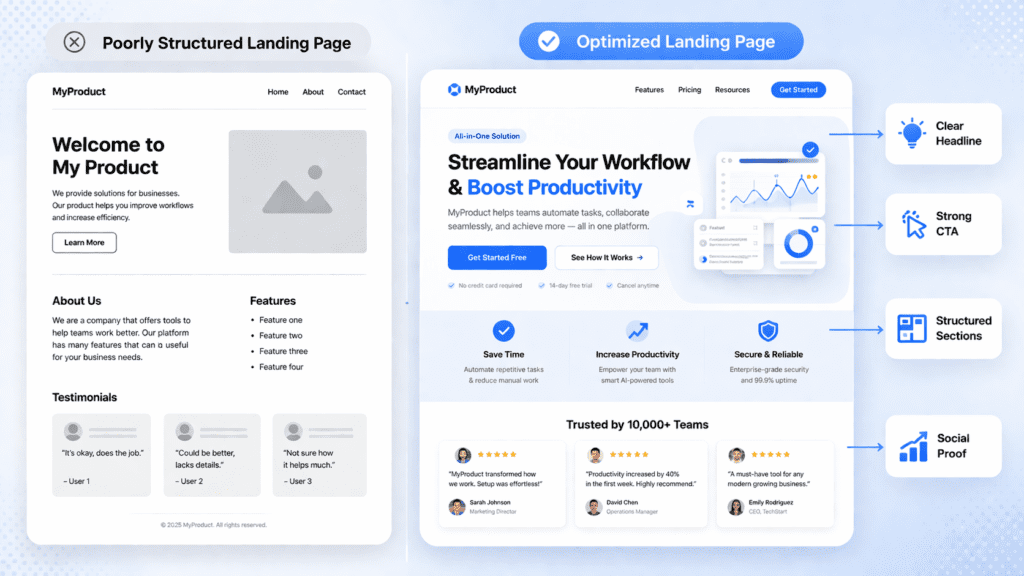 Poor vs optimized landing page comparison using AI landing page generators for better structure and conversion