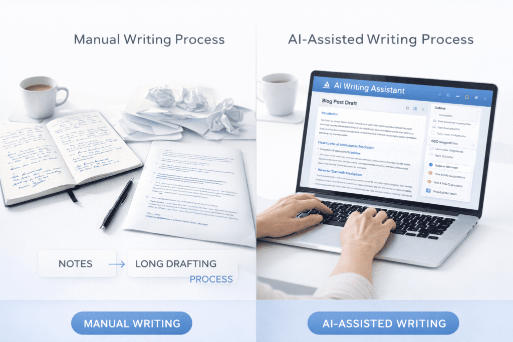 Manual writing vs AI assisted writing comparison using AI tools for long form content writing