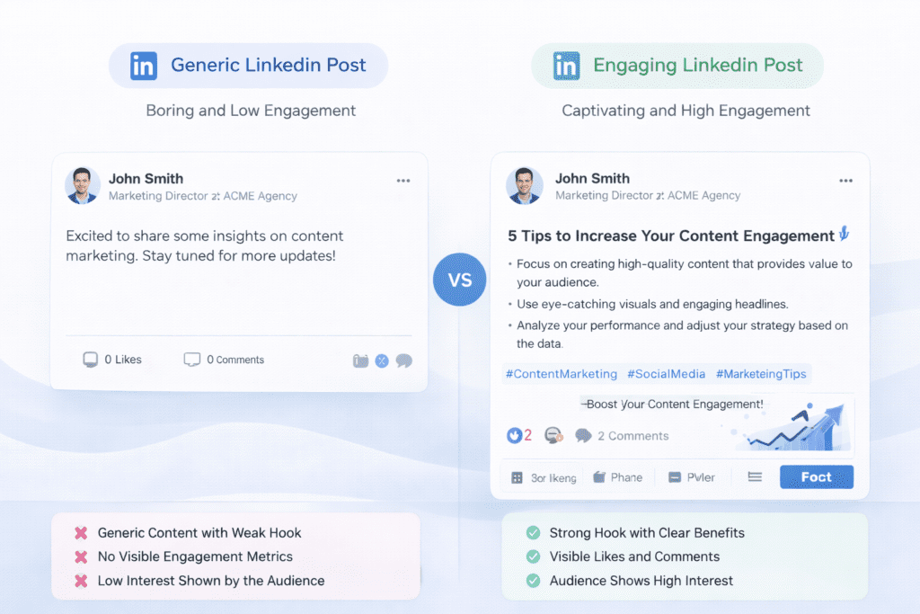 Generic vs engaging LinkedIn post comparison using AI tools for LinkedIn posts to boost engagement
