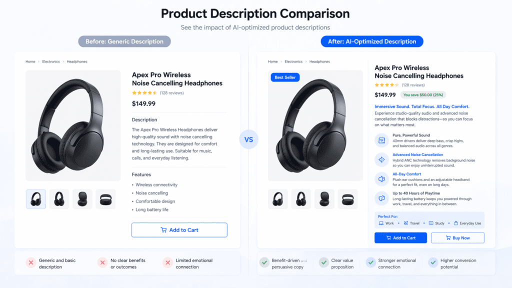 Generic vs optimized product descriptions using AI tools for product descriptions to increase conversions
