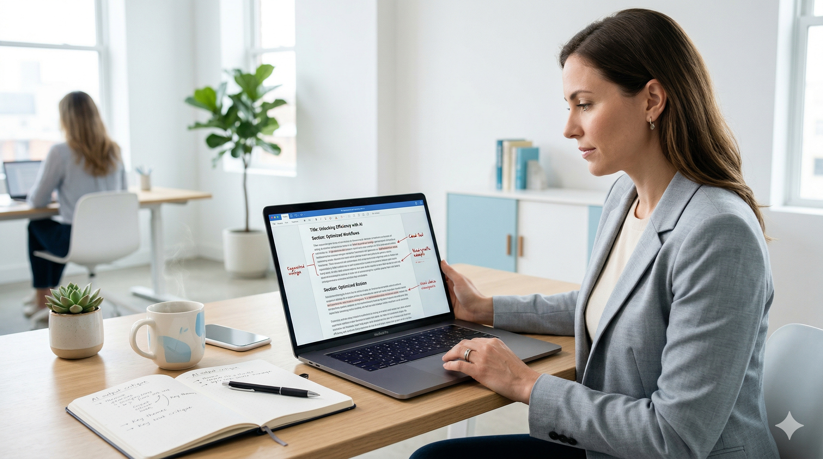 Professional creating content with AI tools using Copy.ai vs Rytr on laptop in office environment