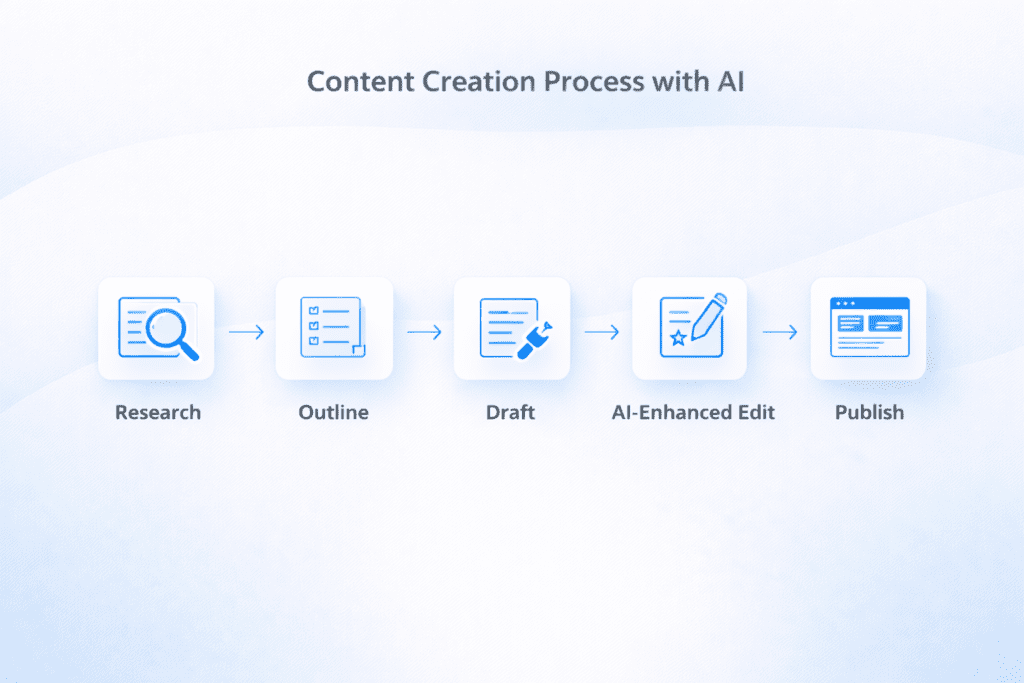 Content creation process using affordable AI writing tools including research outline draft edit and publish