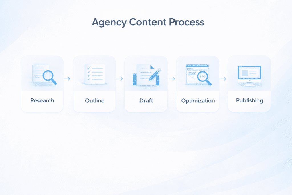 Agency content process using AI writing tools for agencies including research outline draft optimization and publishing