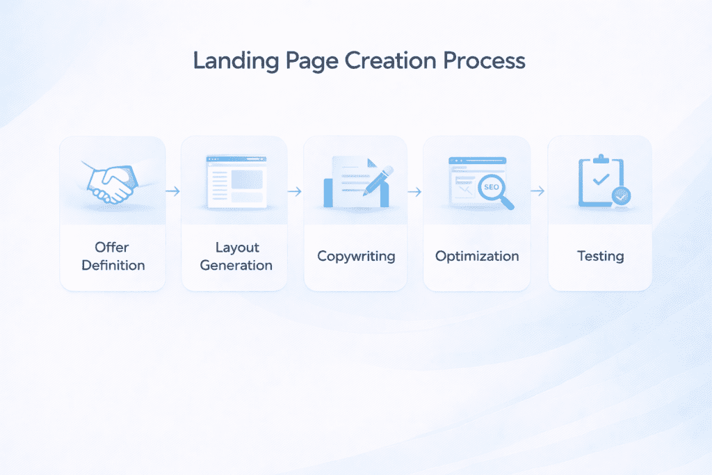 Landing page creation process using AI landing page generators including offer layout copywriting optimization and testing
