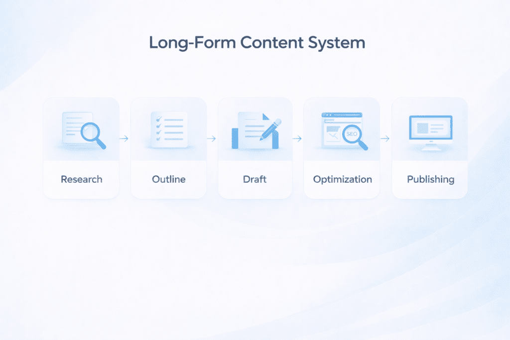 Long form content system showing research outline drafting optimization and publishing using AI tools for long form content writing