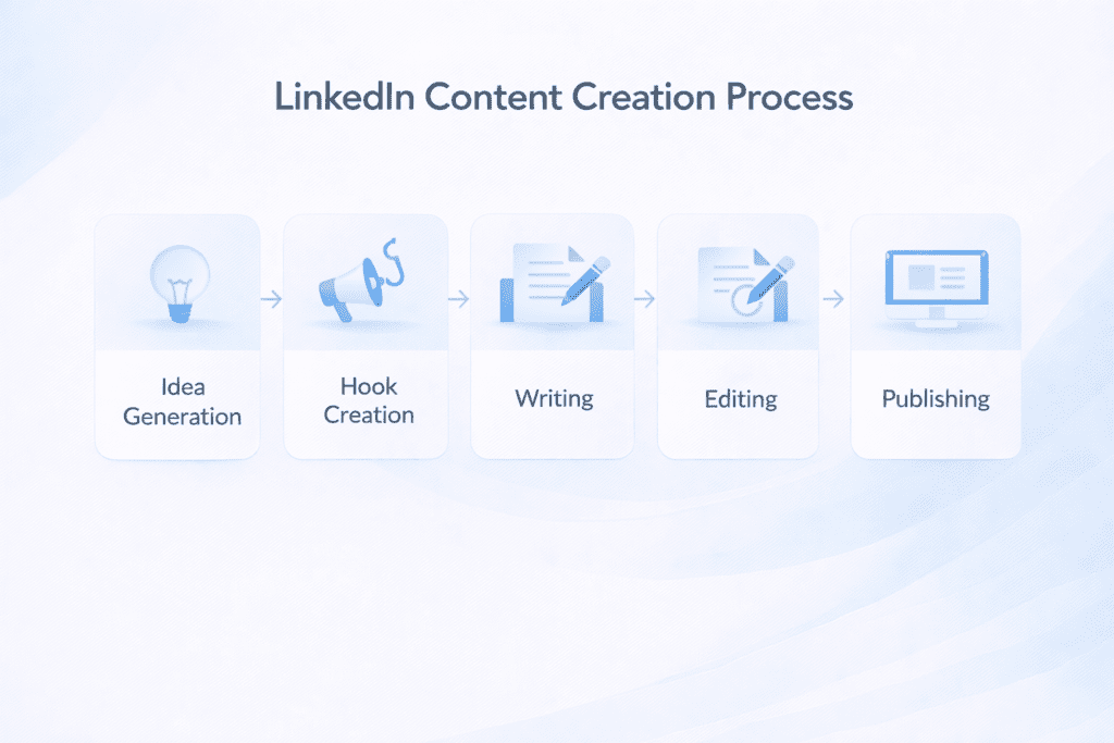 LinkedIn content creation process using AI tools for LinkedIn posts including idea hook writing editing and publishing