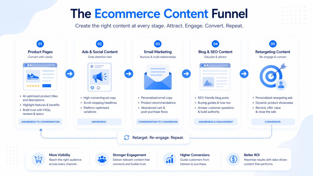 Ecommerce content funnel powered by AI tools for ecommerce content writing from product pages to retargeting campaigns