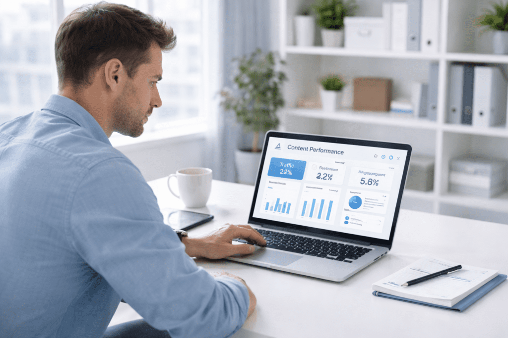 Professional analyzing content performance dashboard using AI writing tools for agencies on laptop
