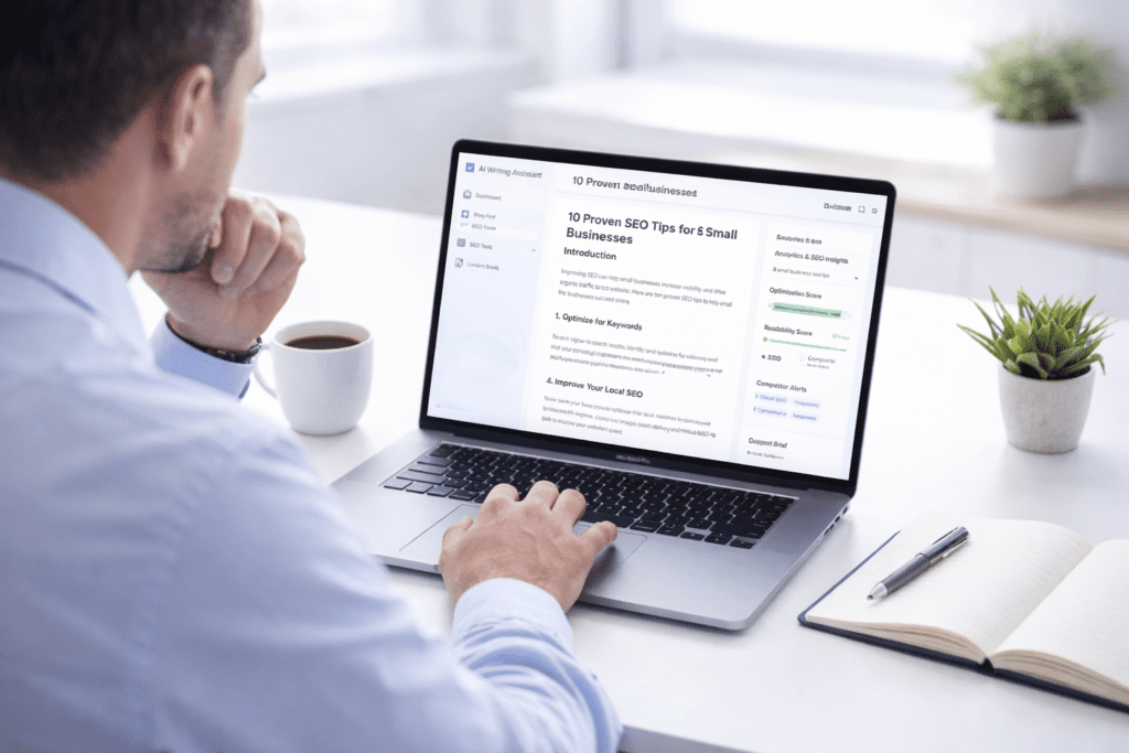 Professional using affordable AI writing tools on laptop to create high quality content in workspace