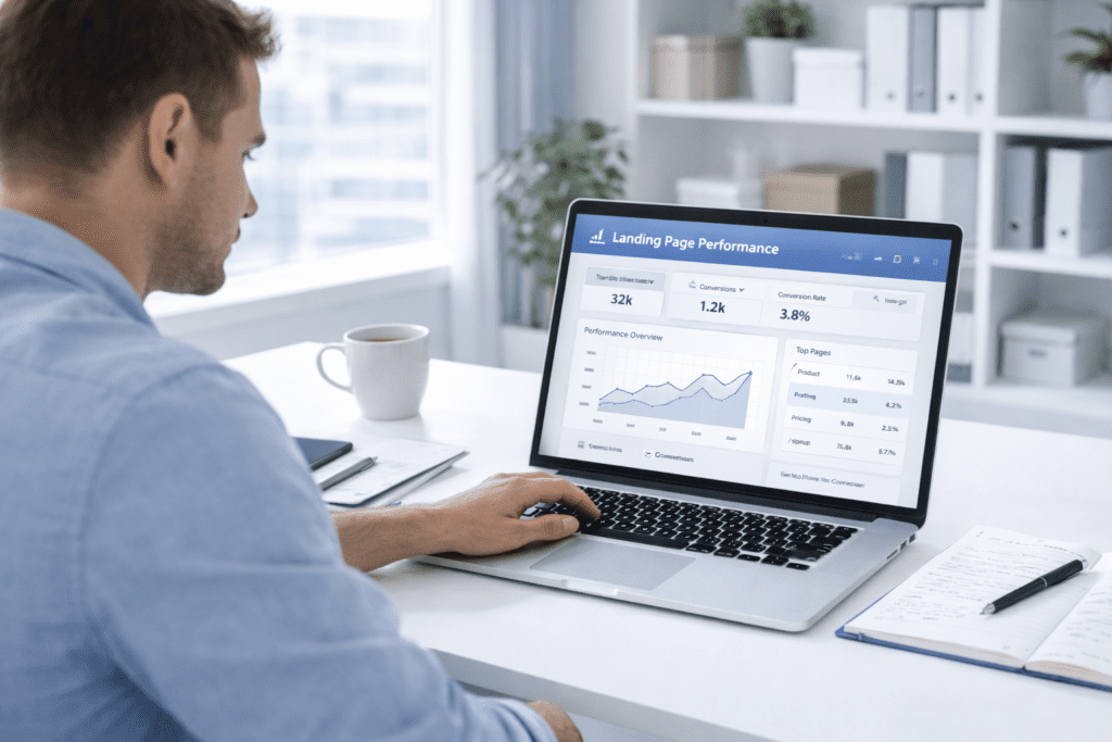 User analyzing landing page performance on laptop using AI landing page generators in workspace