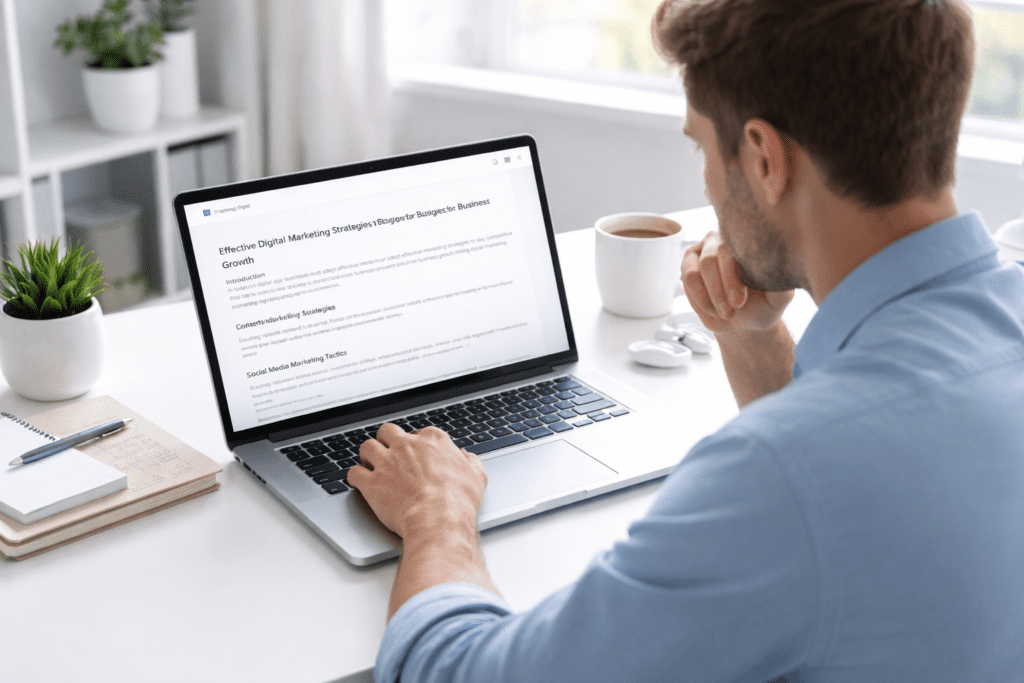 User reviewing long form content on laptop using AI tools for long form content writing in workspace