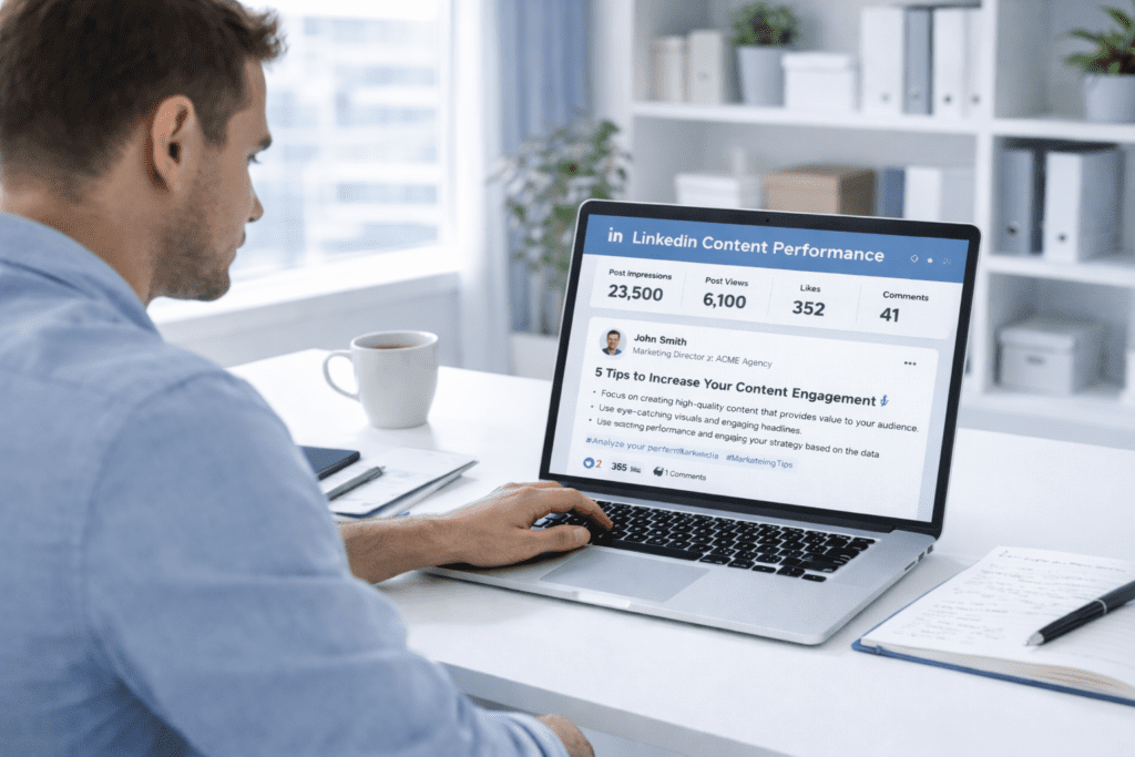 User analyzing LinkedIn content performance on laptop using AI tools for LinkedIn posts in workspace