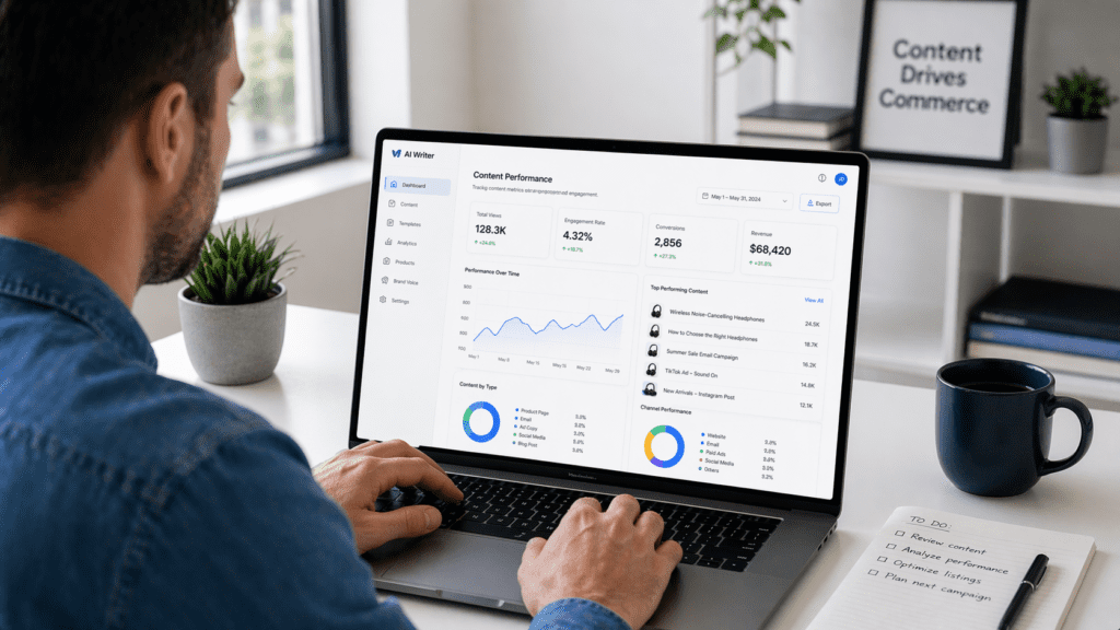 Analytics dashboard tracking performance using AI tools for ecommerce content writing to improve conversions and engagement