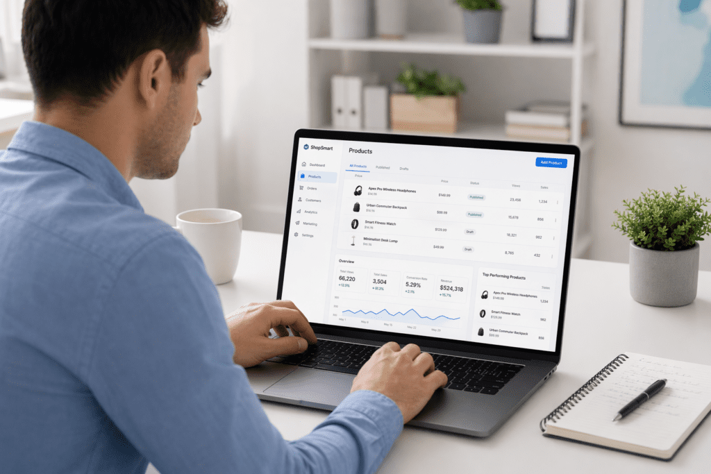 User analyzing ecommerce performance metrics using AI tools for product descriptions on laptop dashboard