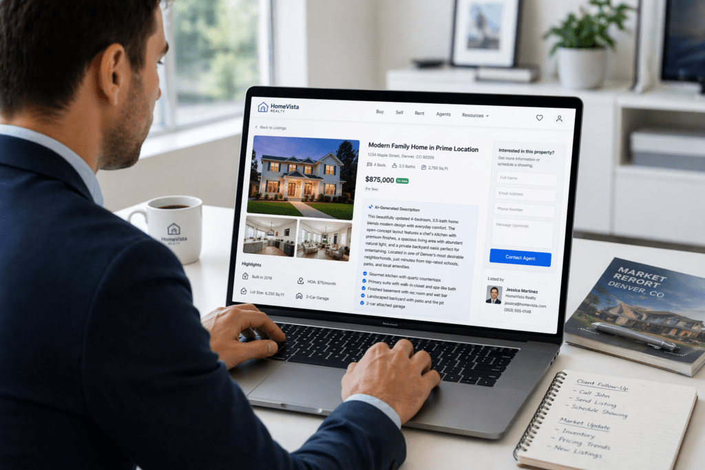 Real estate agent creating property listing using AI tools for real estate on a laptop