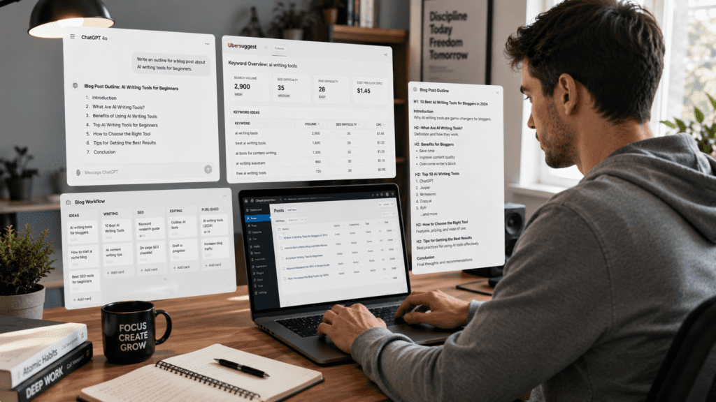 AI Blogging System for Beginners using ChatGPT keyword research blog outlines and AI writing workflows