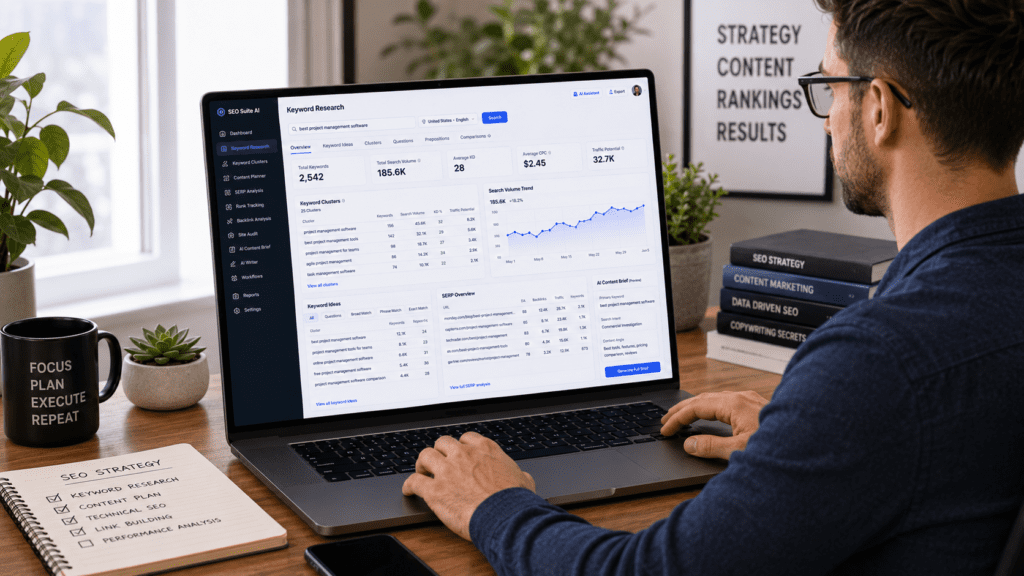 Person using keyword research with AI dashboard to analyze search volume keyword clusters and SEO opportunities