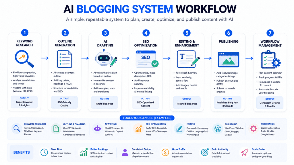 AI Blogging System for Beginners with keyword research AI drafting SEO optimization publishing and workflow automation