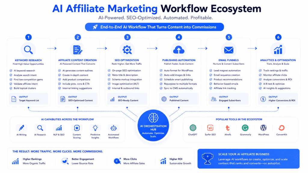 AI Content Workflow for Affiliate Marketing ecosystem with SEO publishing email funnels and analytics