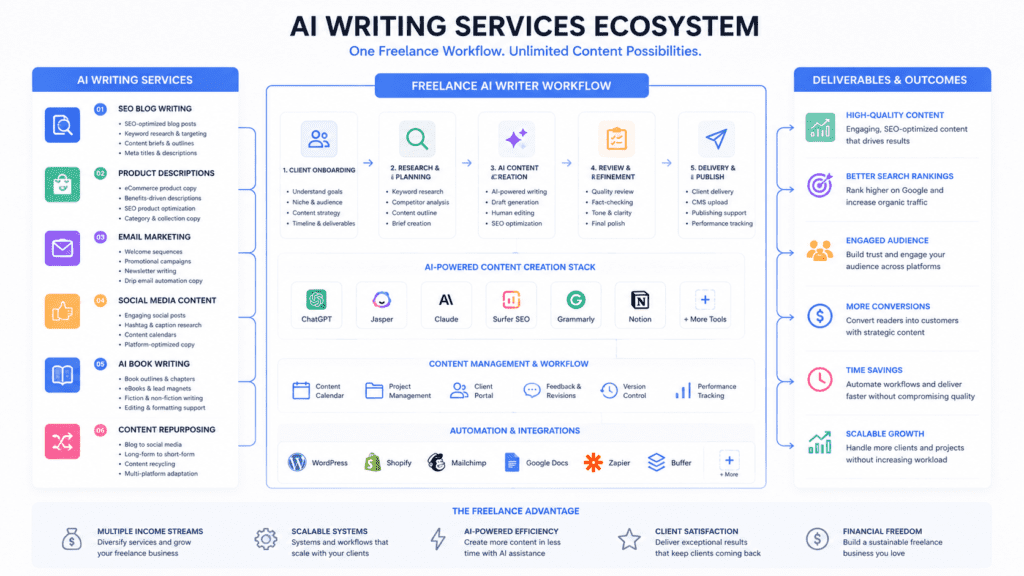 AI writing services ecosystem with client onboarding content creation editing and publishing workflows