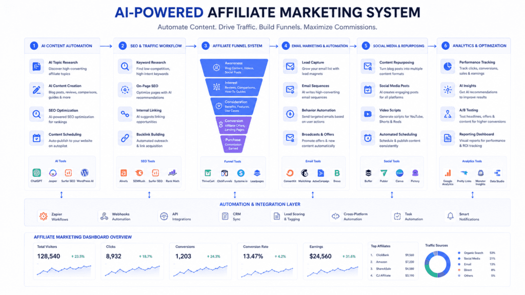 AI-powered affiliate marketing system with content automation funnels email marketing and analytics tracking