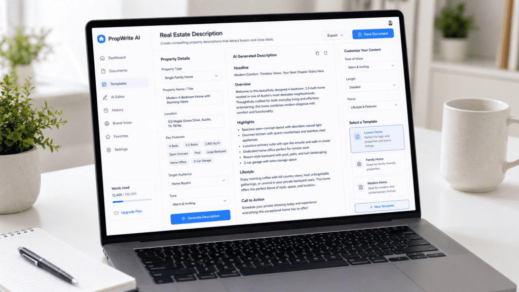 AI real estate listing generator dashboard showing automated property description creation using AI tools for real estate