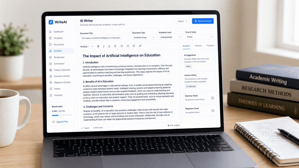 AI academic writing dashboard generating structured assignments using AI tools for students writing assignments