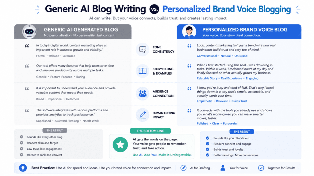 Generic AI blog writing versus personalized brand voice blogging comparison infographic