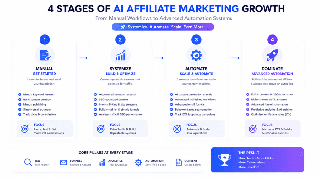 AI affiliate marketing growth stages from manual workflows to advanced automation systems